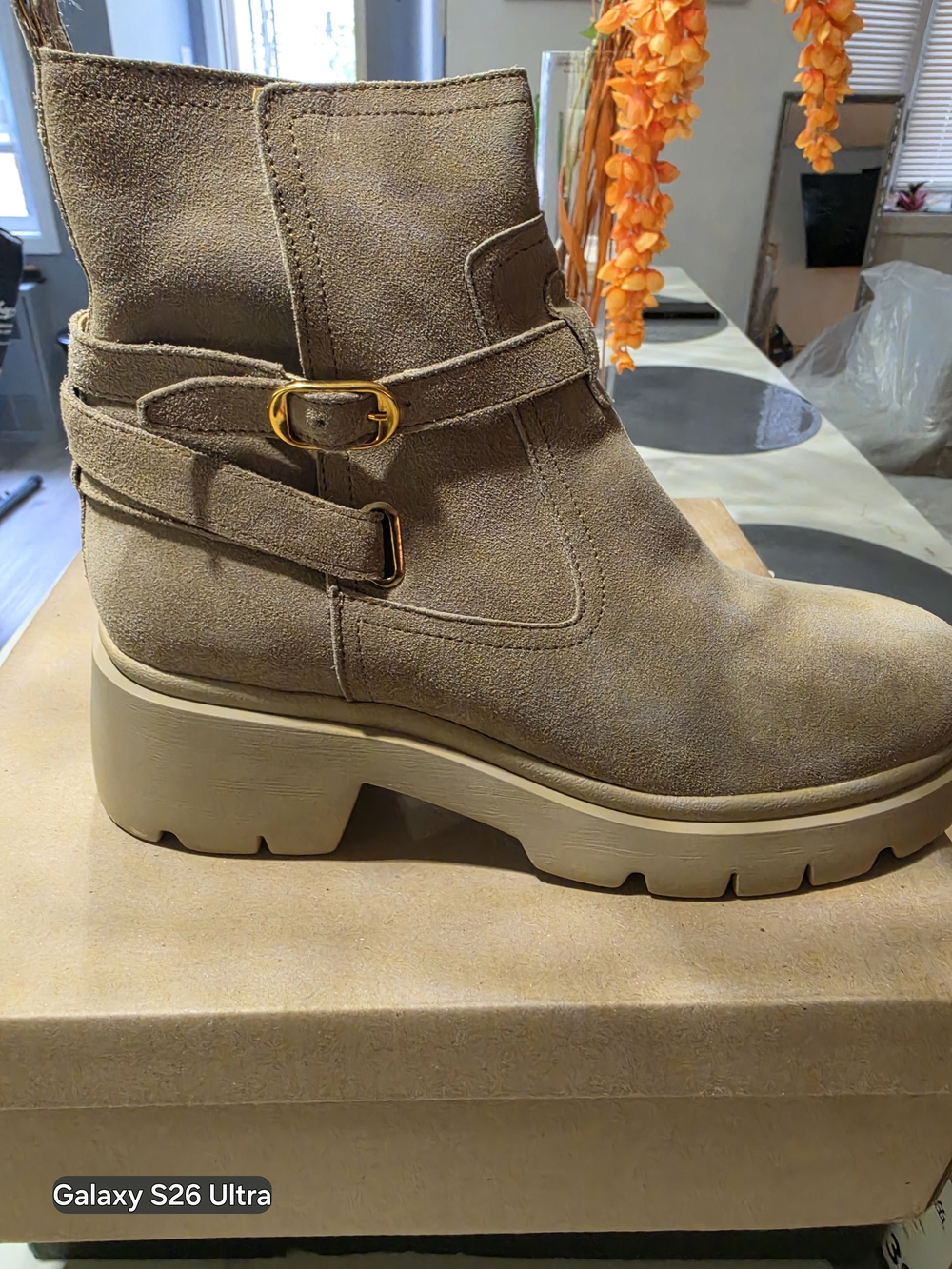 Steve Madden Taupe Suede Lug Sole Ankle Boots with Buckle Detail